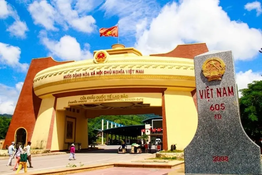 Vietnam border marker in front of the Lao Bao gate